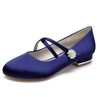 Zapatos de boda planos con correa cruzada y punta redonda azul marino para mujer