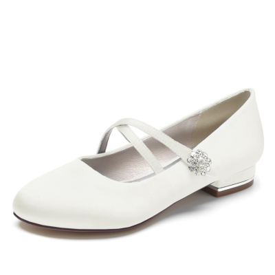 Zapatos de boda planos con correa cruzada y punta redonda de color blanco marfil para mujer