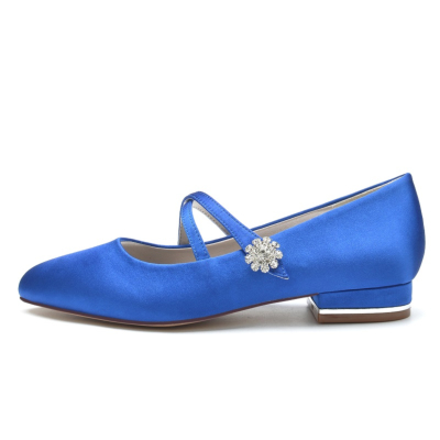 Zapatos de boda planos con correa cruzada y punta redonda azul real para mujer