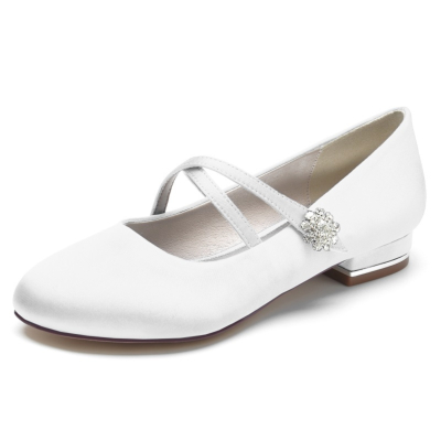 Zapatos de boda planos de mujer con tiras cruzadas y punta redonda de color blanco