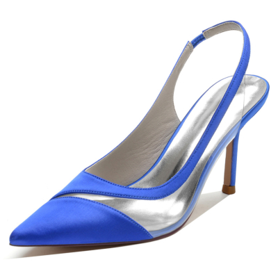 Zapatos de tacón alto de aguja con punta en pico de satén azul real para mujer, zapatos de tacón para boda