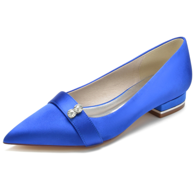 Zapatos de boda planos con punta en punta de satén azul real para mujer