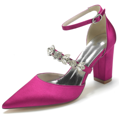 Zapatos de tacón grueso con correa en el tobillo para mujer, satén magenta, punta en punta, diamantes de imitación