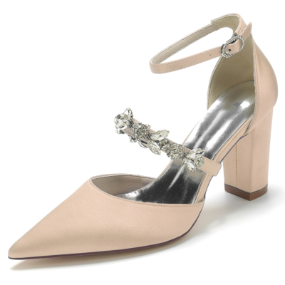 Zapatos de salón con tira al tobillo y tacón grueso de diamantes de imitación con punta en punta de satén color champán para mujer