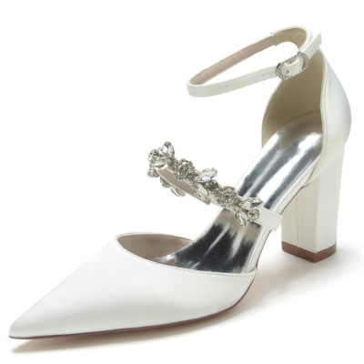 Zapatos de tacón grueso con tira al tobillo y punta en punta de satén blanco marfil para mujer