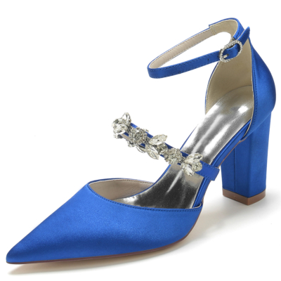 Zapatos de salón con tira al tobillo y tacón grueso de diamantes de imitación con punta en punta de satén azul real para mujer