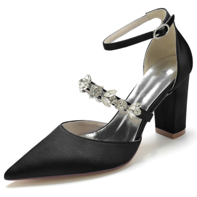 Zapatos de tacón grueso con tira al tobillo y punta en punta de satén negro para mujer