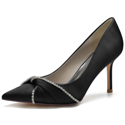 De mujer Satén negro Punta puntiaguda Tacón de aguja Volantes Zapatos de salón con diamantes de imitación