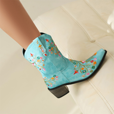 Women's Blue Vegan Leather Retro Western Cowboy Boots with Flowers Embroidery