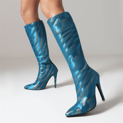 Botas hasta la rodilla con punta en punta y tacón de aguja de cuero vegano azul marino para mujer