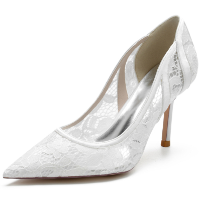 Zapatos de boda de encaje blanco para mujer Zapatos de tacón de aguja con punta en punta