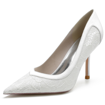 Zapatos de tacón de aguja con puntera en punta y encaje opaco blanco para mujer