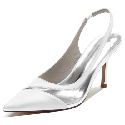 Zapatos de salón de boda con tacón de aguja y punta estrecha de satén blanco para mujer