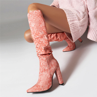 Botas holgadas tejidas de color rosa Tacón grueso Punta puntiaguda Botas hasta la rodilla