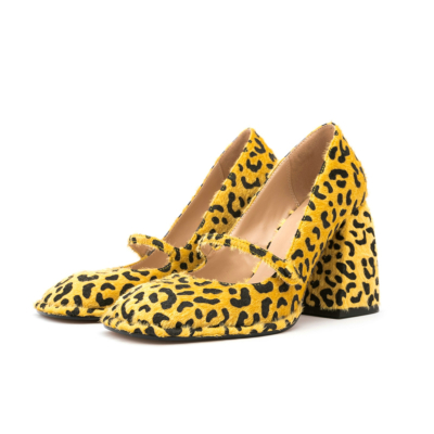 Zapatos de vestir de piel sintética con tacón grueso y estampado de leopardo amarillo Mary Jane