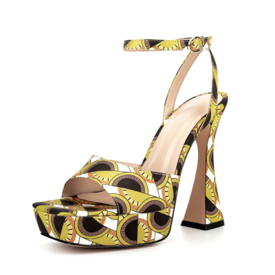 Sandalias de plataforma con patrón amarillo Tacón de carrete Punta cuadrada Zapatos de fiesta con correa en el tobillo